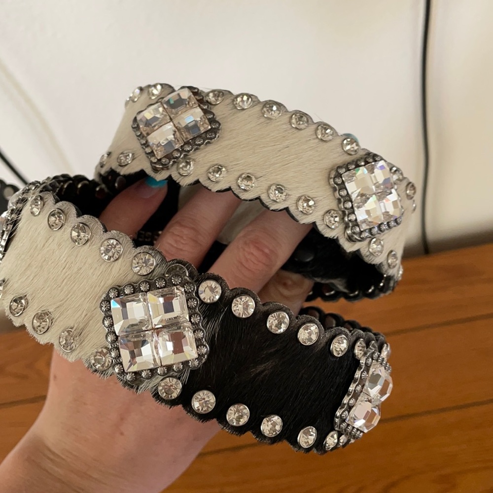Western bling belt, hair on hide. 35” total length
